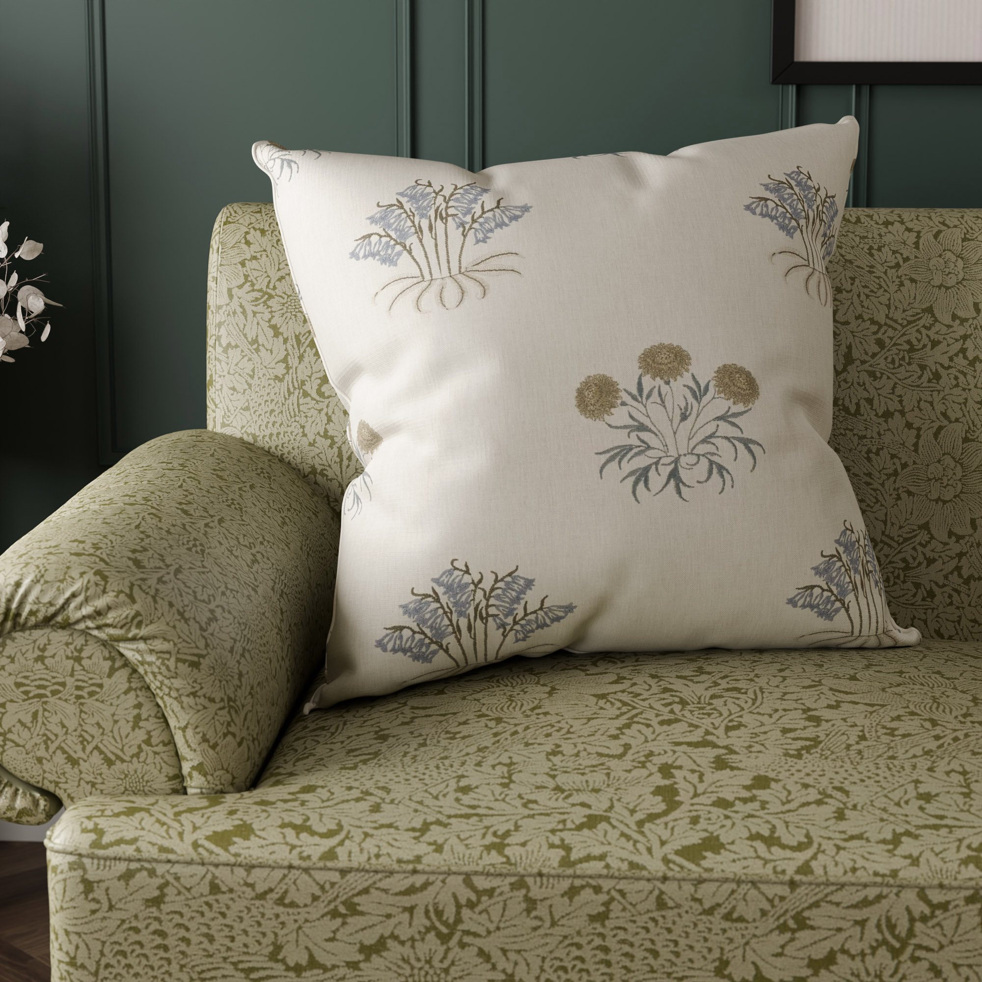 William Morris At Home Lily Flower Embroidery Woad Cushion