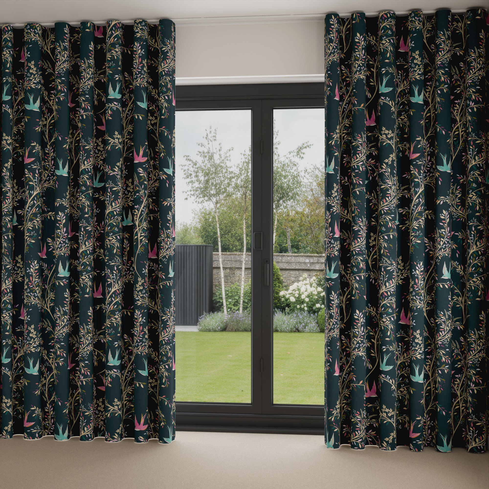 Sara Miller Swallows Forest Green Wave Curtain - Image 2