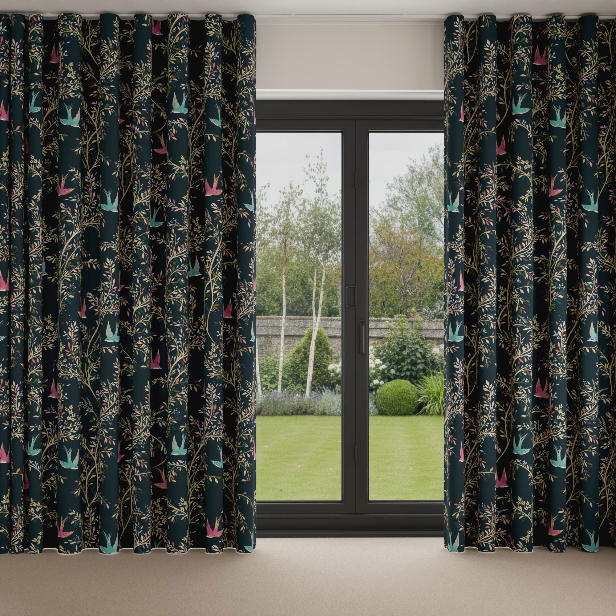 Sara Miller Swallows Forest Green Wave Curtain - Image 3
