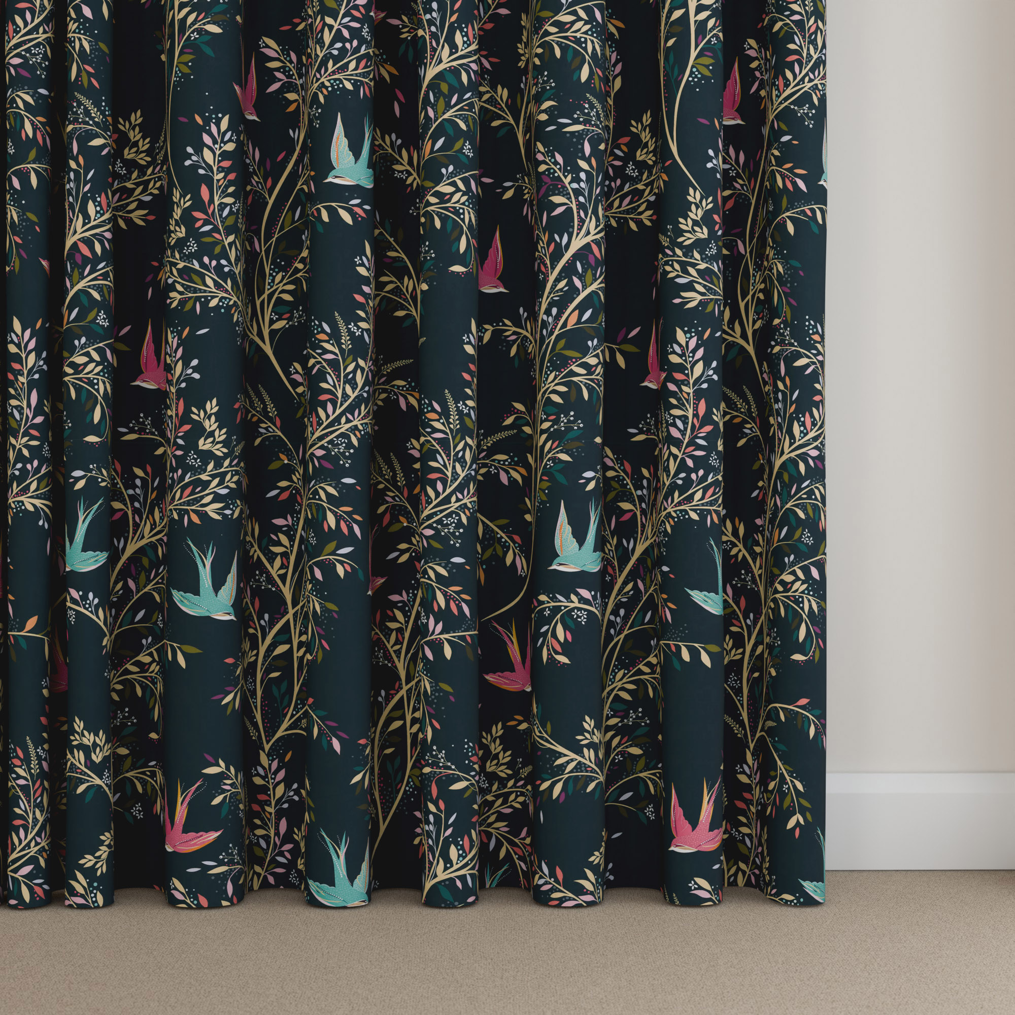 Sara Miller Swallows Forest Green Wave Curtain - Image 5