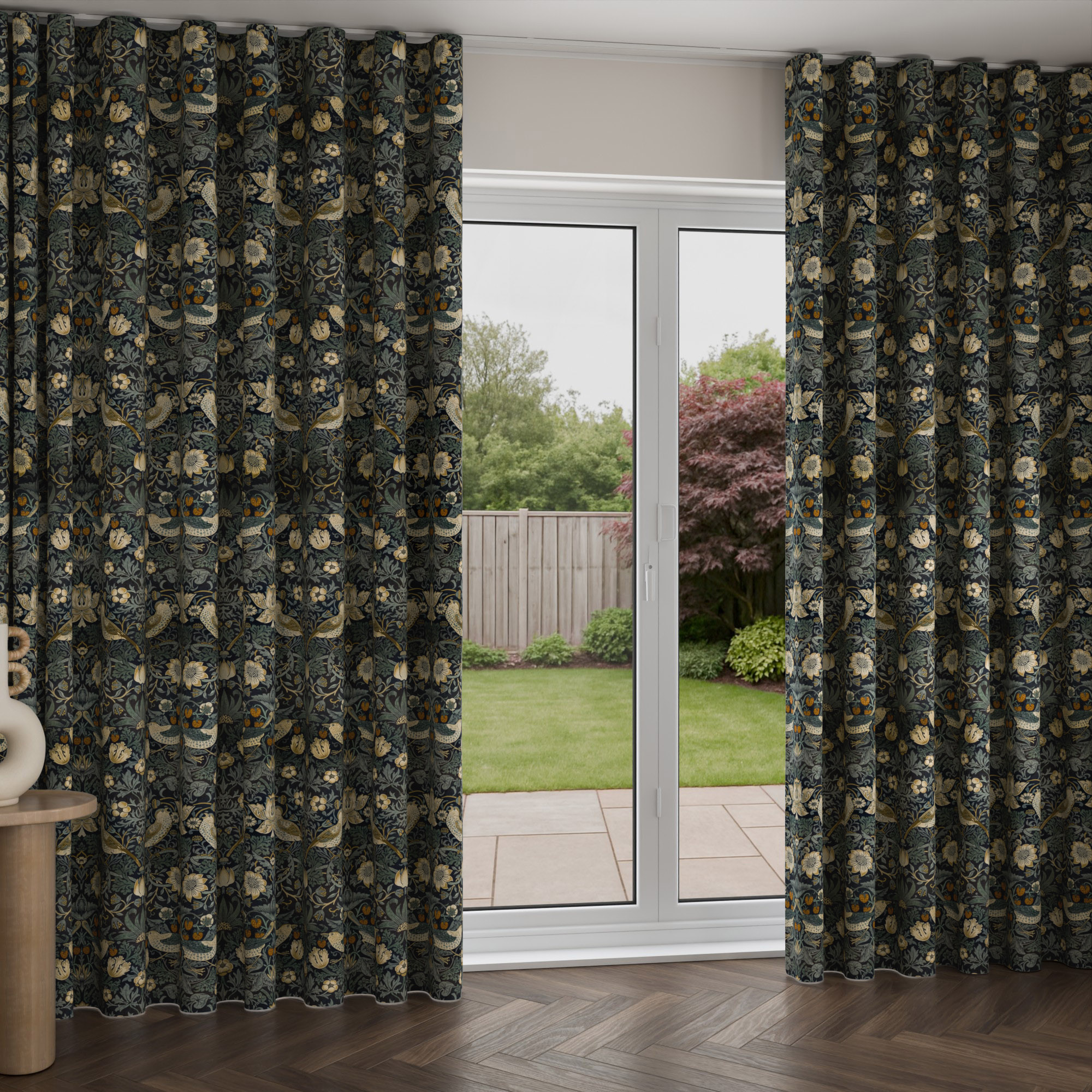William Morris At Home Strawberry Thief Velvet Indigo Wave Curtain - Image 2