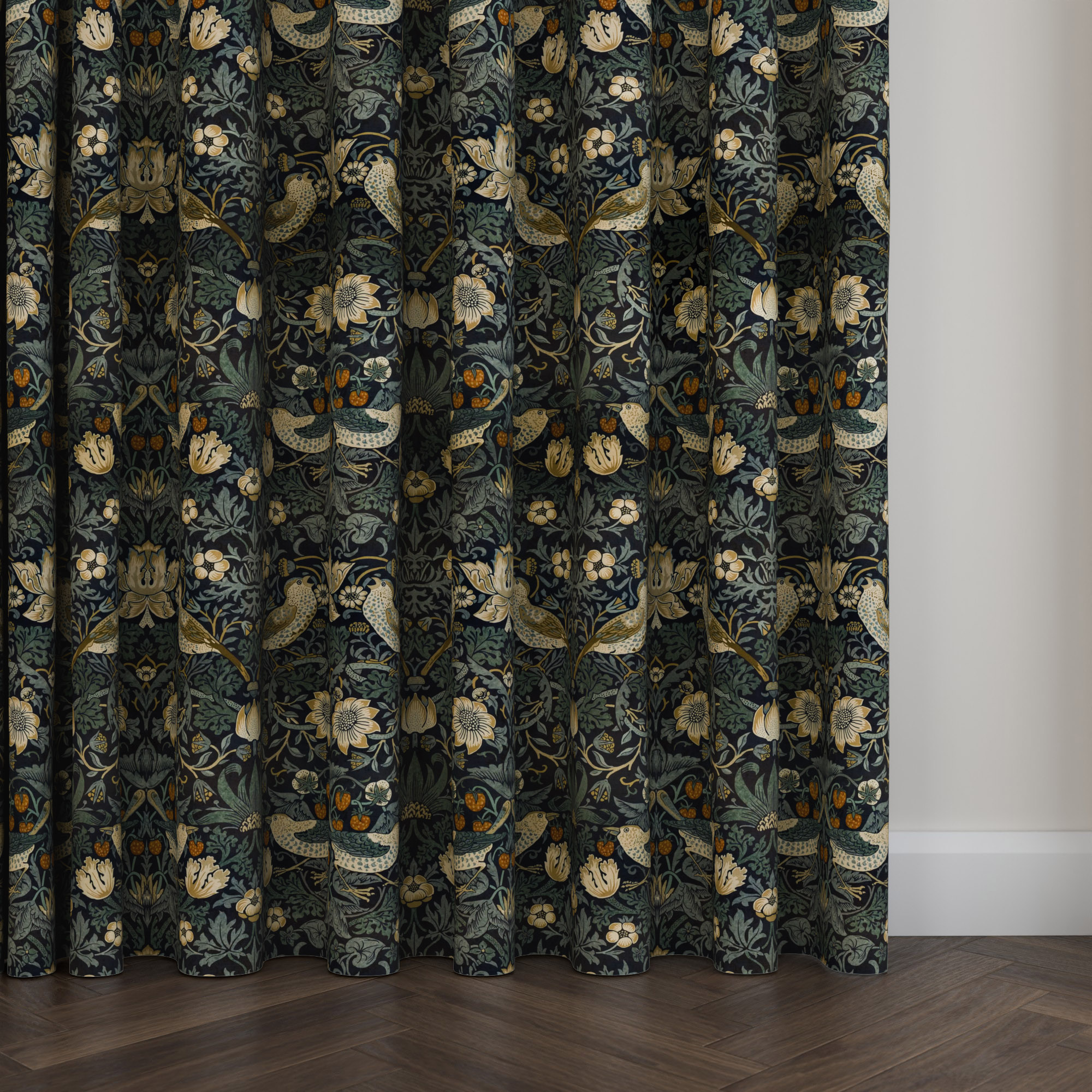 William Morris At Home Strawberry Thief Velvet Indigo Wave Curtain - Image 5