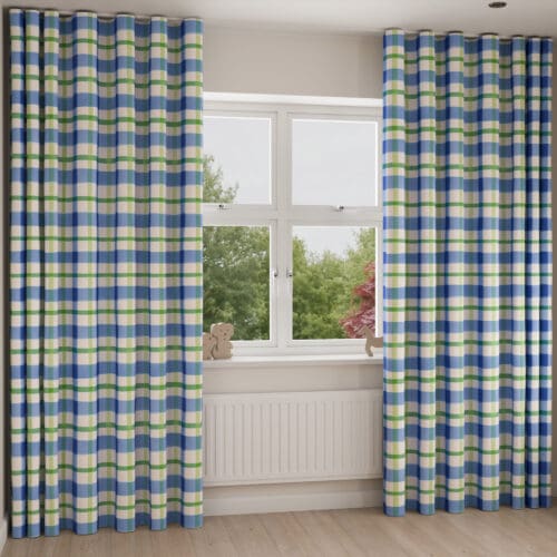 Wee Blue Bell Blueberry Jam Check Blue Green Wave Curtain